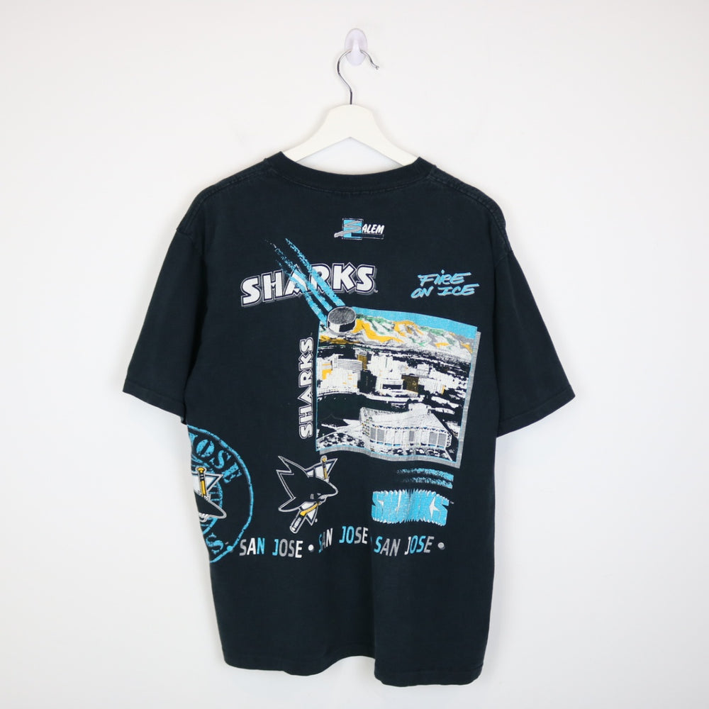Vintage 1991 San Jose Sharks NHL AOP Salem Tee - L-NEWLIFE Clothing