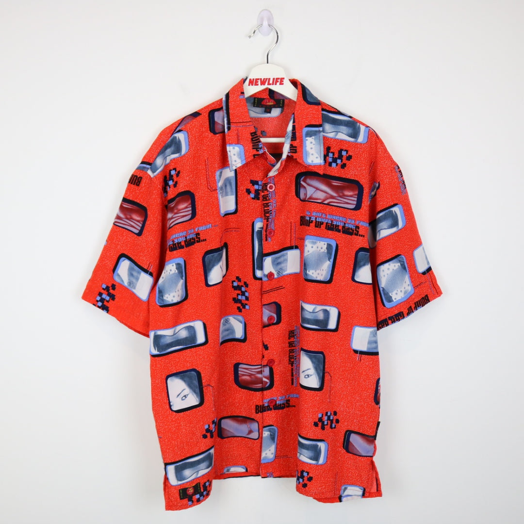 Vintage 00's Sword Bump Up the Bass Short Sleeve Button Up - L-NEWLIFE Clothing