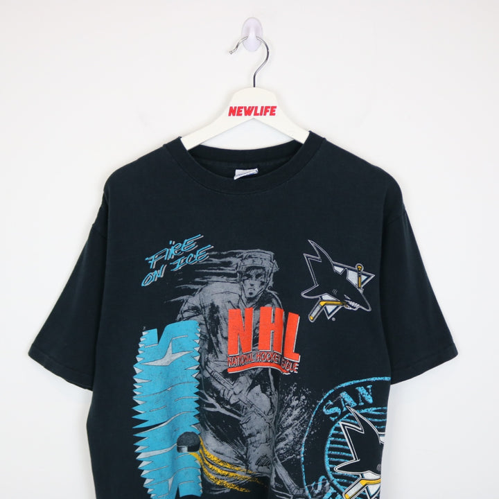 Vintage 1991 San Jose Sharks NHL AOP Salem Tee - L-NEWLIFE Clothing
