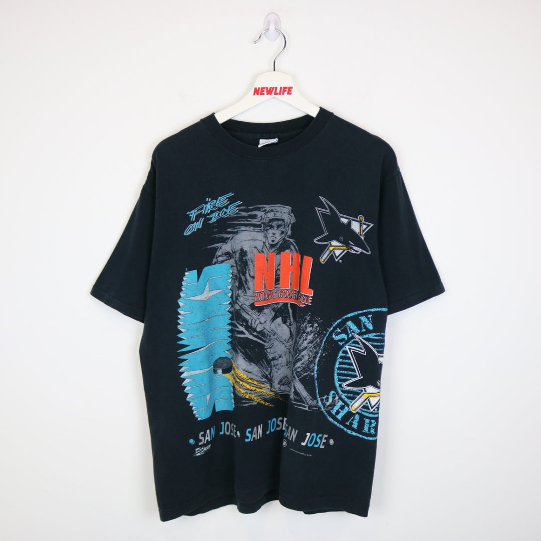 Vintage 1991 San Jose Sharks NHL AOP Salem Tee - L-NEWLIFE Clothing