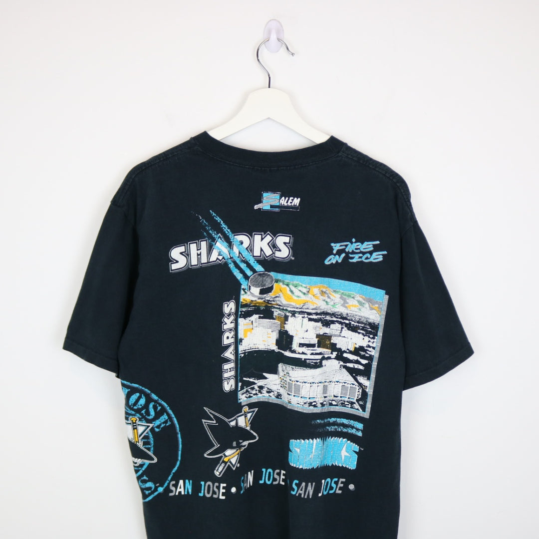 Vintage 1991 San Jose Sharks NHL AOP Salem Tee - L-NEWLIFE Clothing