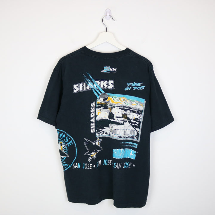 Vintage 1991 San Jose Sharks NHL AOP Salem Tee - L-NEWLIFE Clothing