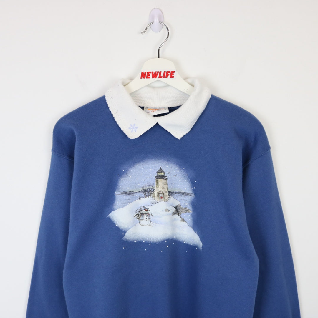 Vintage 90's Winter Lighthouse Nature Collared Crewneck - XS/S-NEWLIFE Clothing