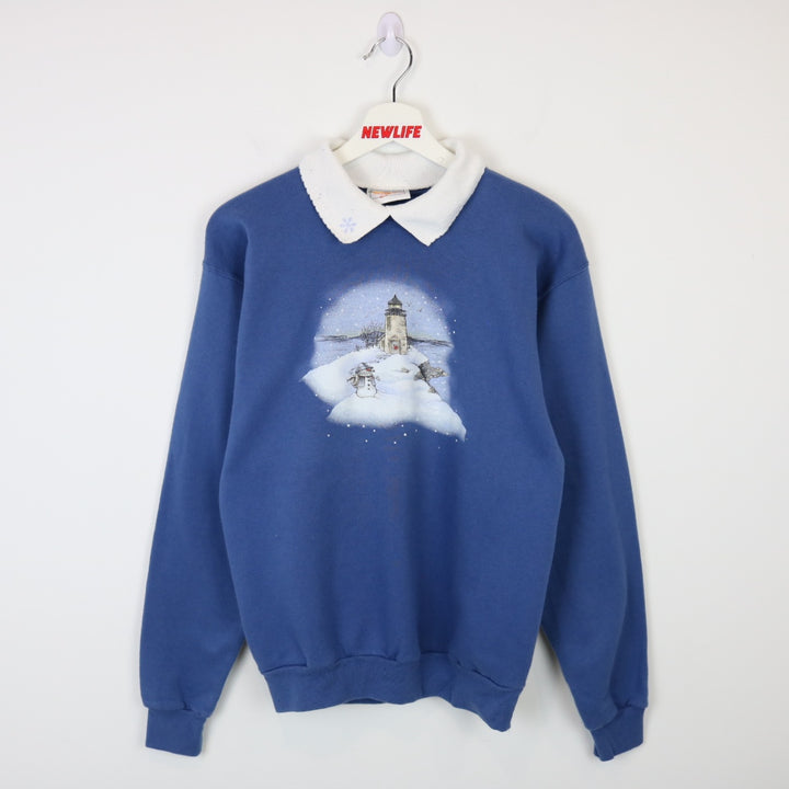 Vintage 90's Winter Lighthouse Nature Collared Crewneck - XS/S-NEWLIFE Clothing