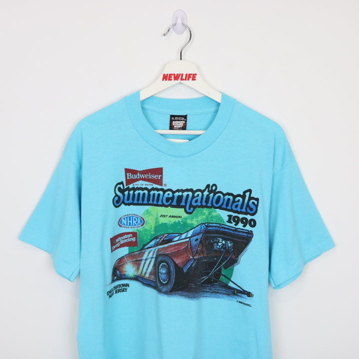 Vintage 1990 Budweiser Summer Nationals Drag Racing Tee - L-NEWLIFE Clothing