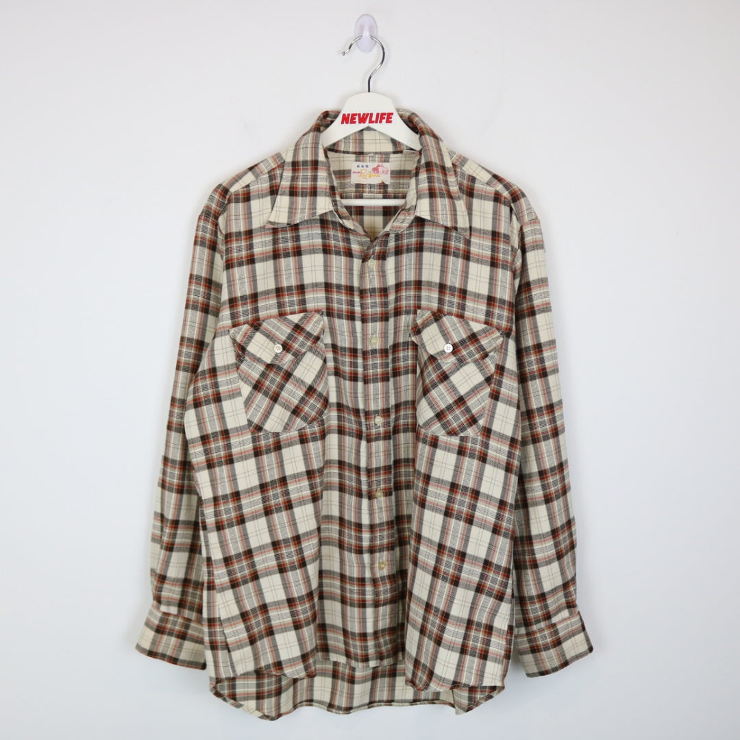 Vintage 80's Red Horse Plaid Flannel Button Up - L-NEWLIFE Clothing