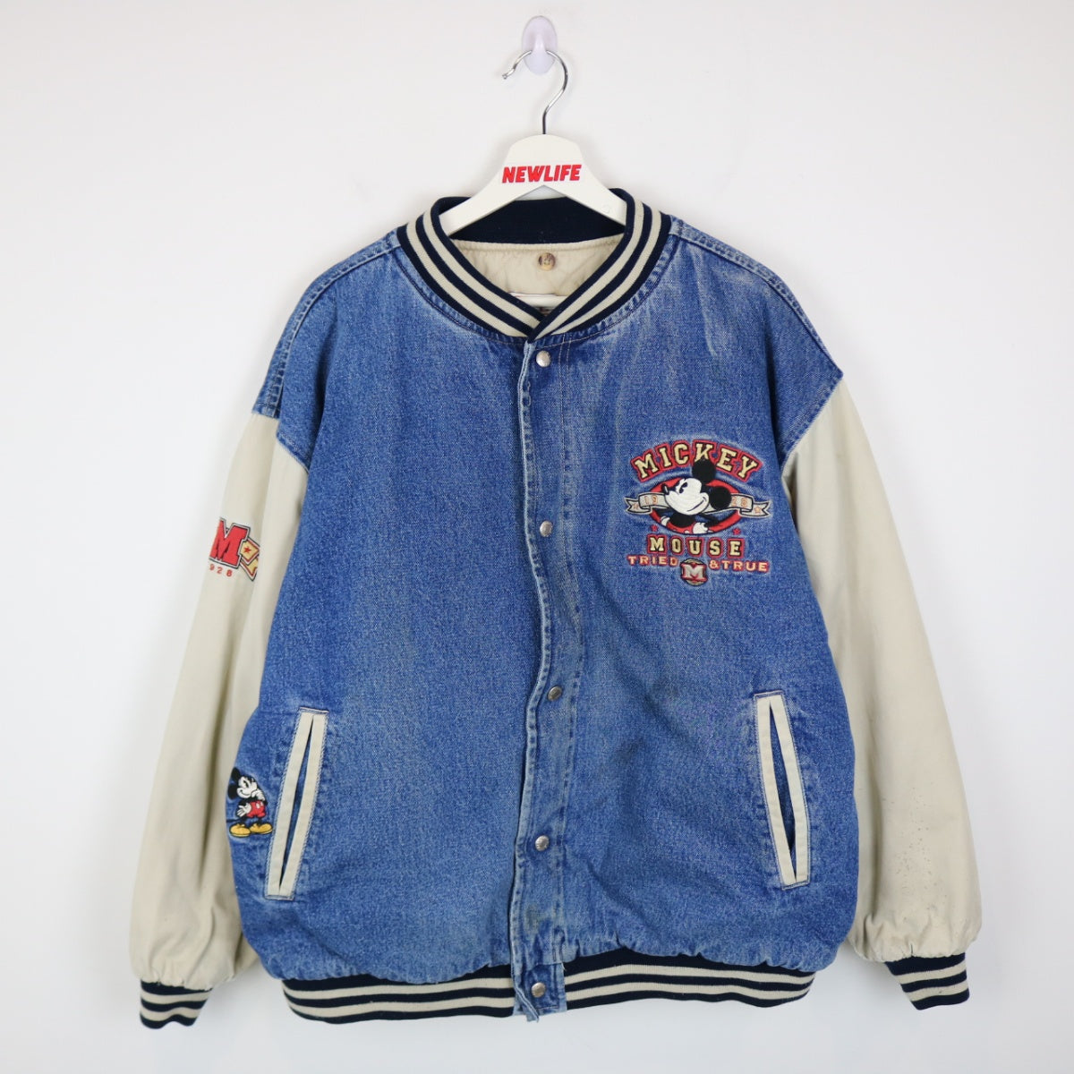 Vintage 90's DIsney Mickey Mouse Denim Varsity Jacket - L/XL