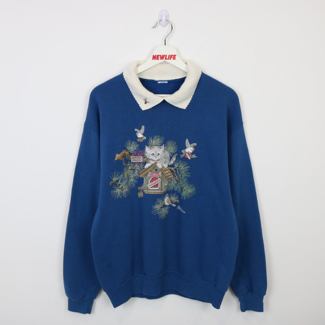 Vintage 80's Kitten Bird House Collared Crewneck - S/M-NEWLIFE Clothing