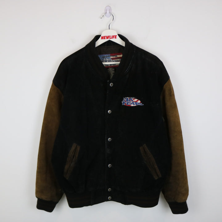 Vintage 90's No Fear Suede Leather Bomber Jacket - L-NEWLIFE Clothing