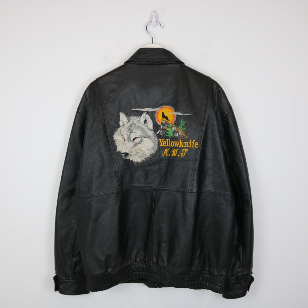 Vintage 90's Yellowknife North West Territories Wolf Nature Leather Jacket - L-NEWLIFE Clothing