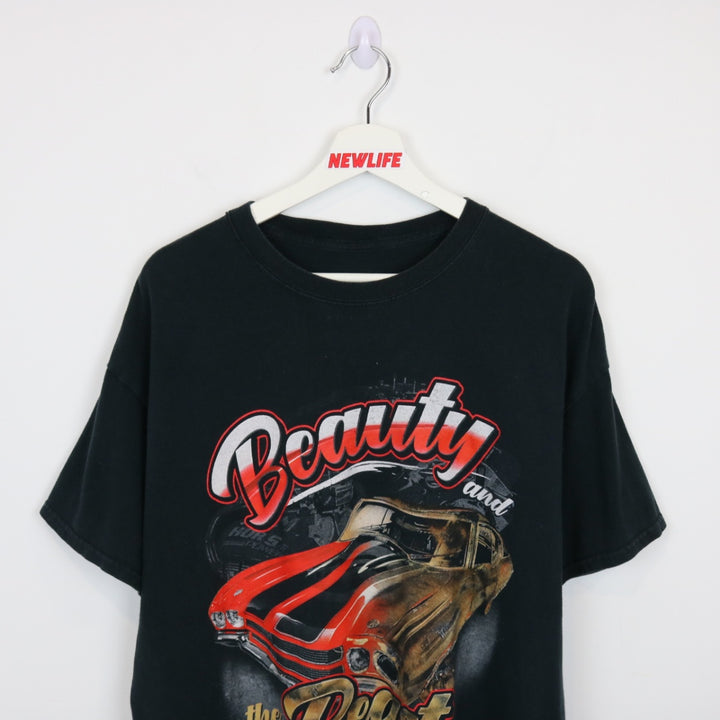 Vintage 00's Beauty and the Beast Snap On Racing Tee - L-NEWLIFE Clothing