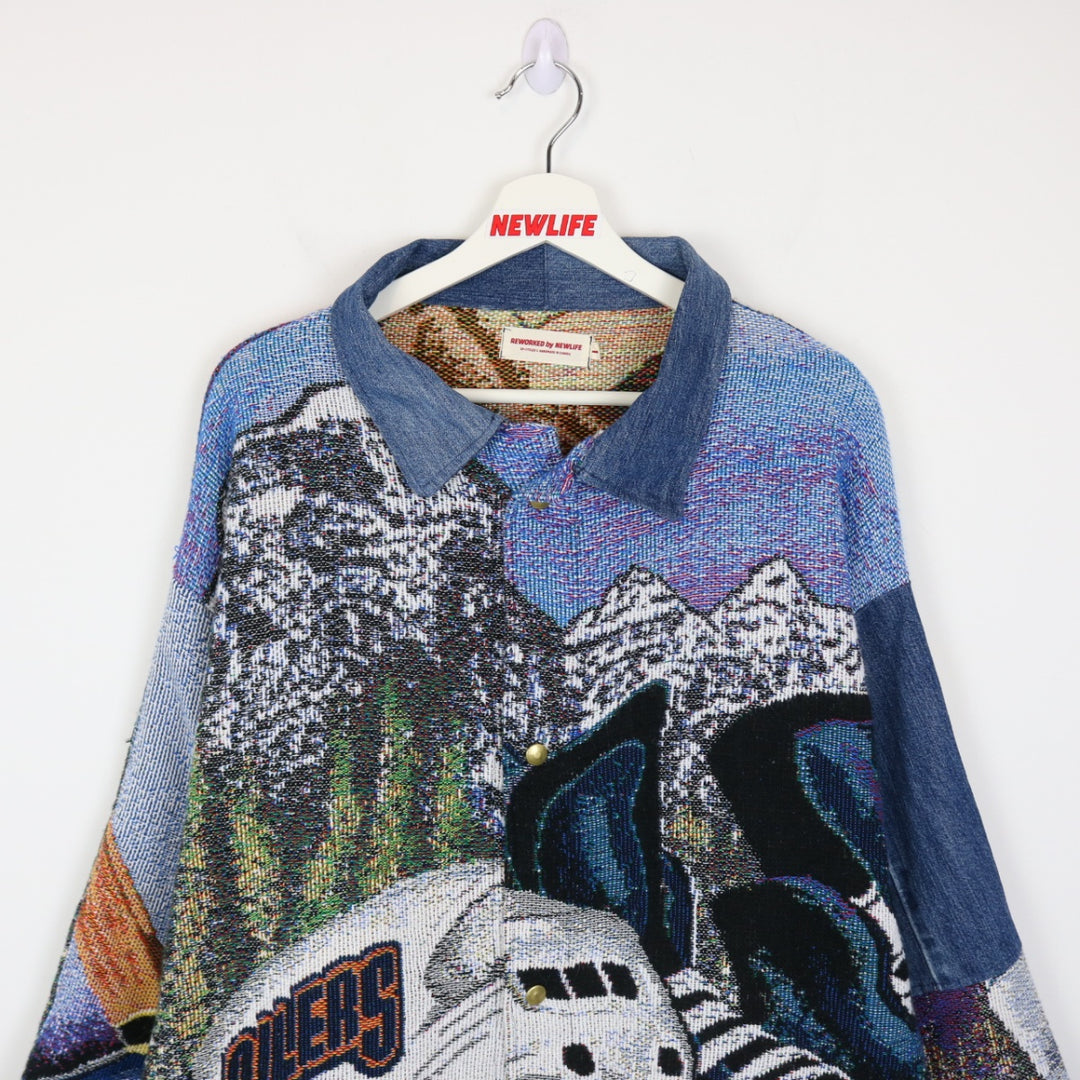 Reworked Vintage Edmonton Oilers NHL Tapestry Jacket - L-NEWLIFE Clothing