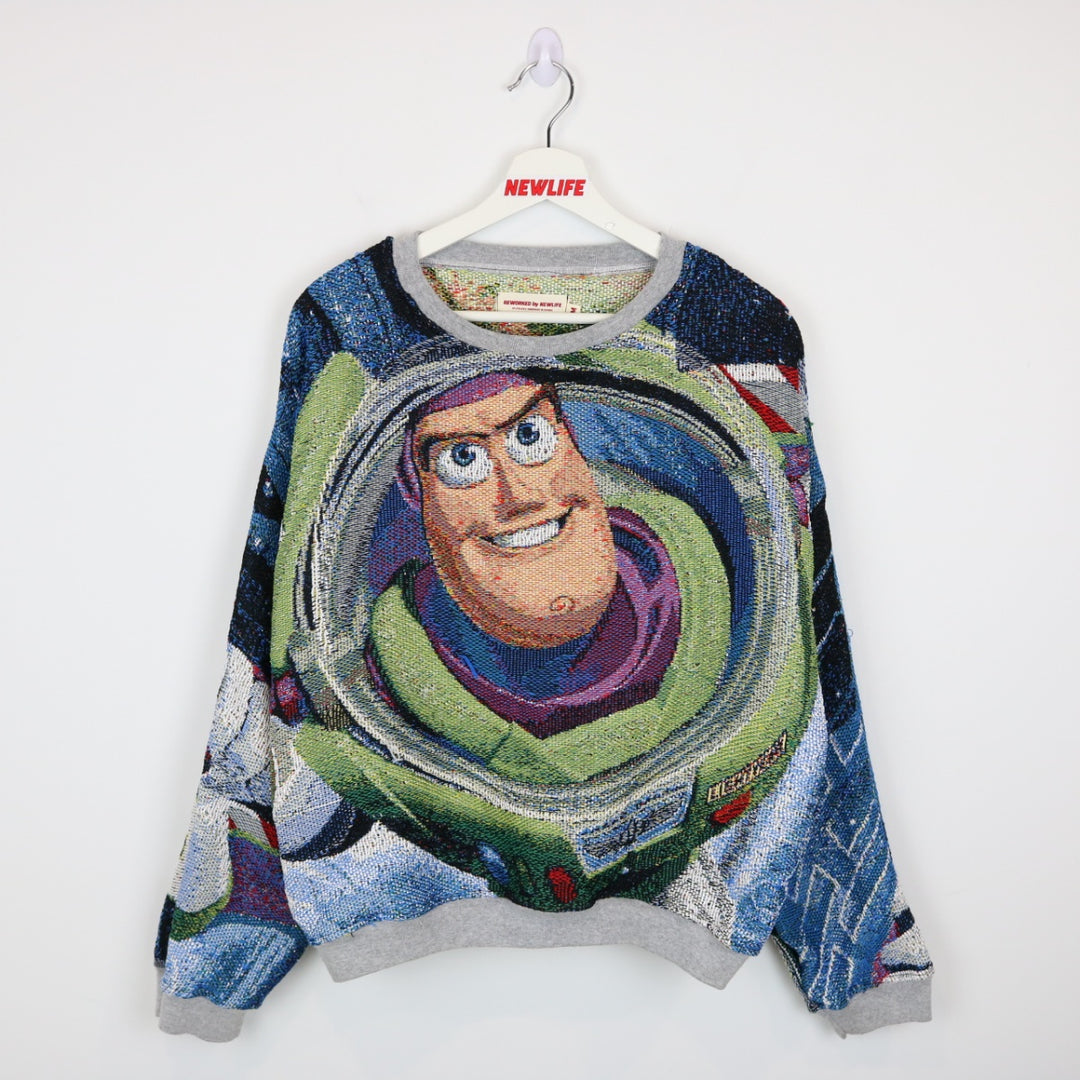 Reworked Vintage Disney Buzz Lightyear Tapestry Crewneck - M-NEWLIFE Clothing