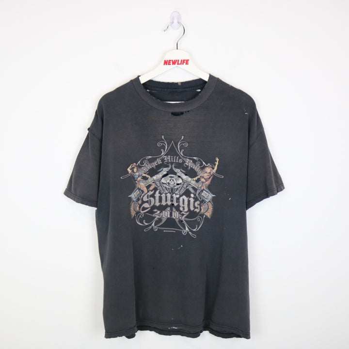 Vintage 2007 Thrashed Sturgis Black Hills Rally Tee - L-NEWLIFE Clothing