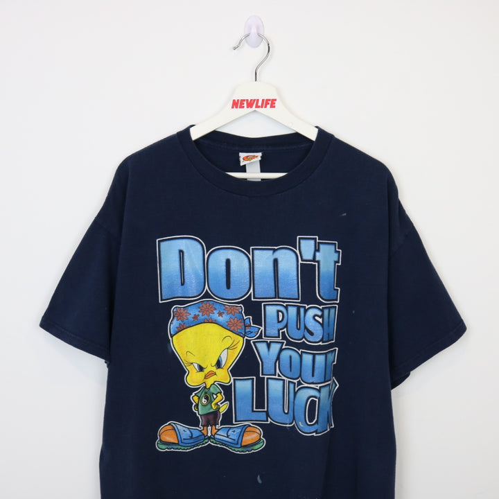 Vintage 2001 Tweety Bird Don't Push Your Luck Looney Tunes Tee - XL-NEWLIFE Clothing