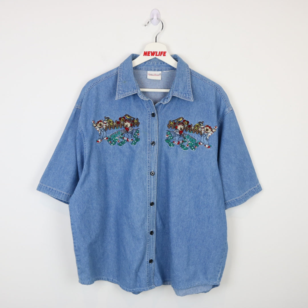 Vintage Gardening Bear Denim Short Sleeve Button Up - L-NEWLIFE Clothing